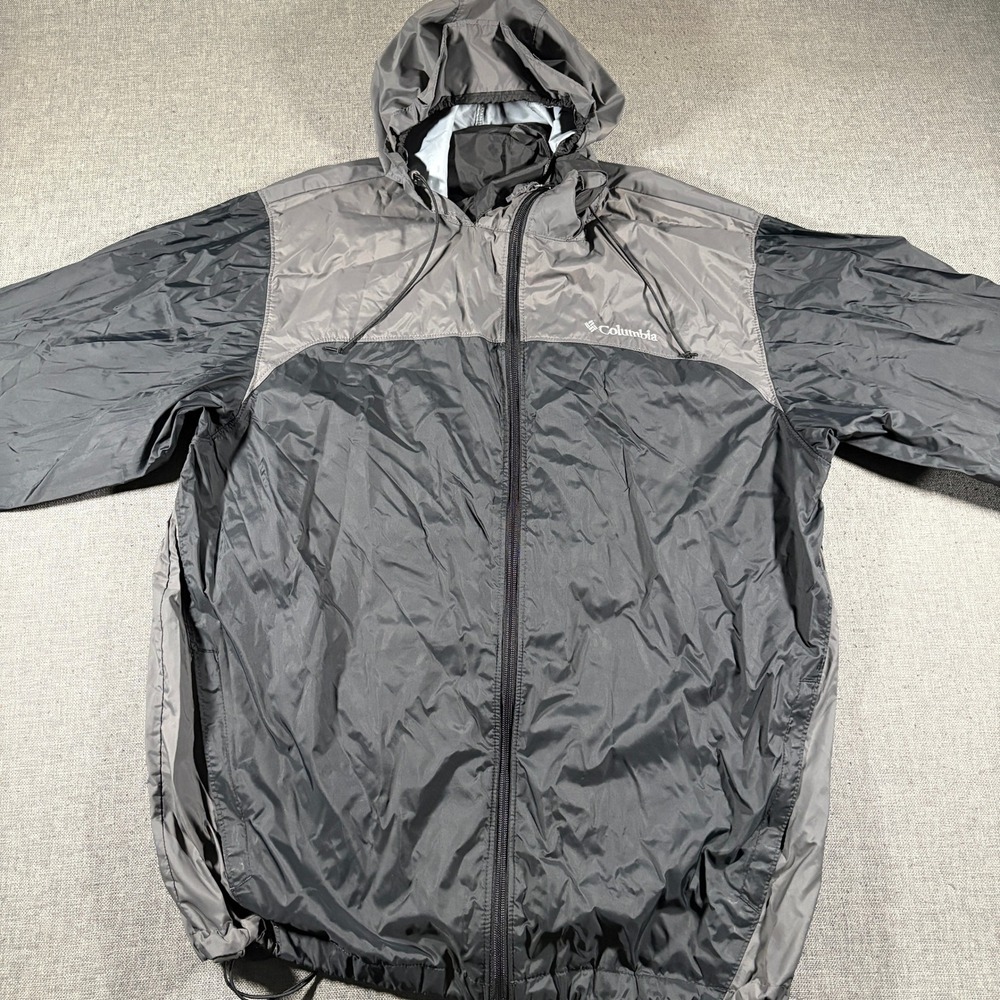 Columbia Windbreaker Jacket Mens Large‎ Grey Black Colorblock Full Zip Hooded